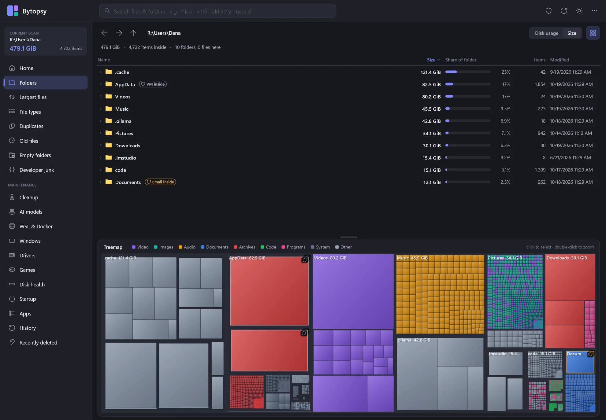 Bytopsy showing a user folder: folders sorted by size above a treemap where every file is drawn to scale and coloured by kind.